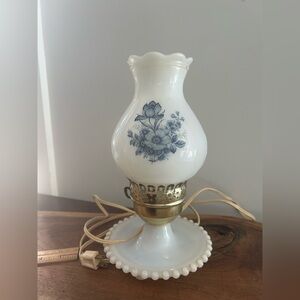 Vintage Hurricane Lamp Milk Glass Floral White and Blue Table Lamp